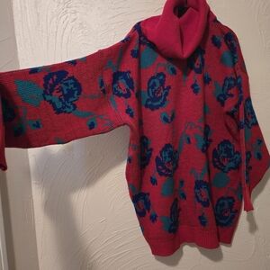 Vibrant Floral Cowl Neck Sweater - Red and Blue